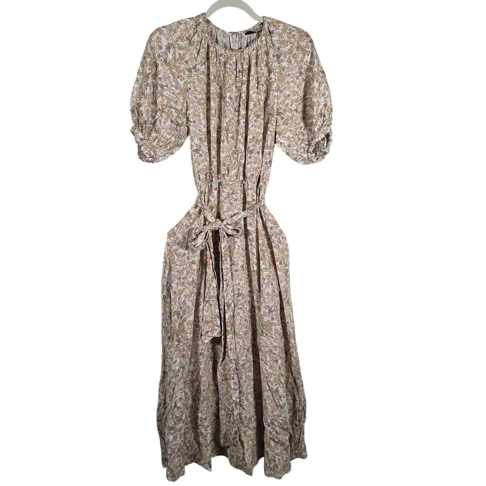 & Other Stories Floral Puff Sleeve Midi Dress Wm 4 Cream Pink Scandi Cottagecore